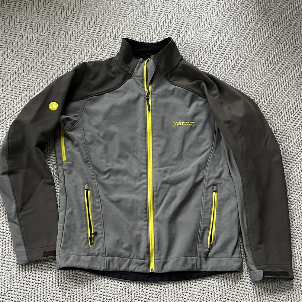 Marmot Men's Gray and Black Softshell Jacket with Yellow Accents